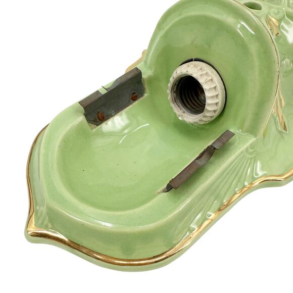 vintage Art Deco pale green & gold Ceiling Light Fixture flush mount two bulbs - Picture 8 of 12